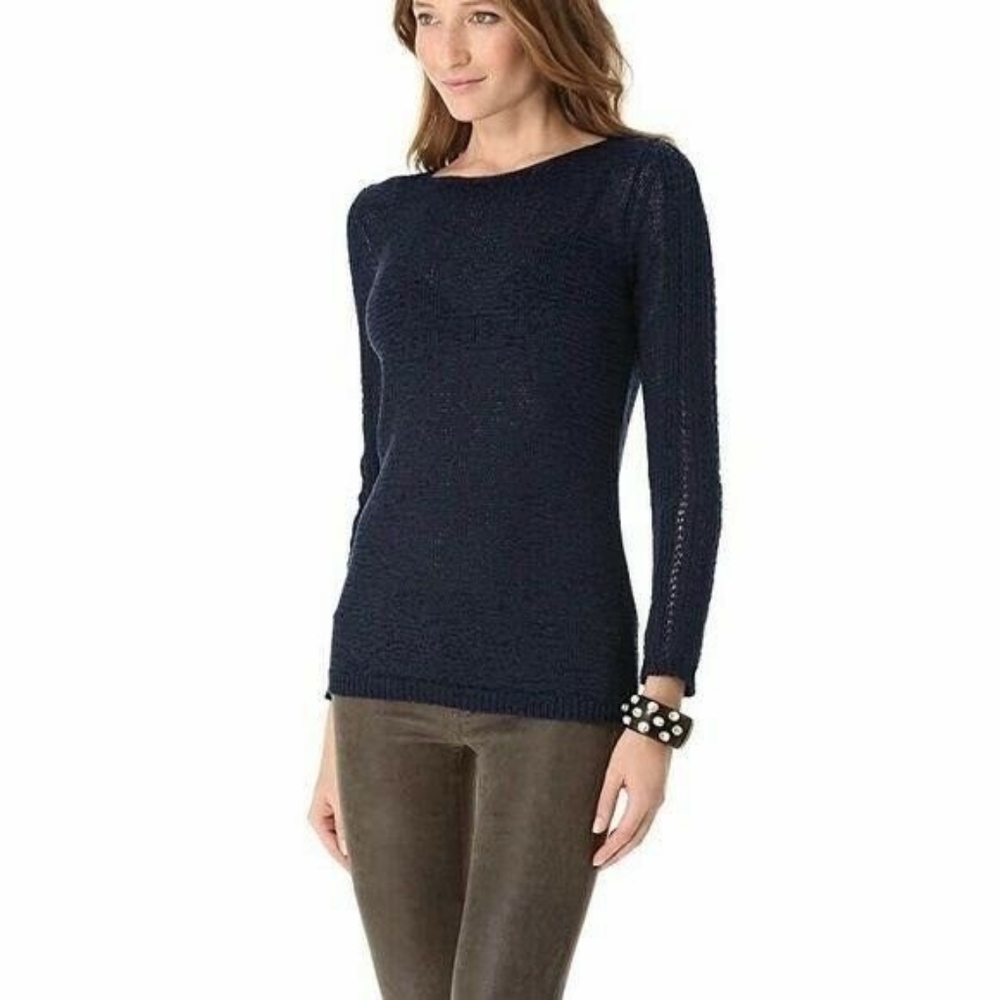 Rachel Zoe Karla Navy Open Knit Wmn L Cotton Blend Sweater - Picture 2 of 8